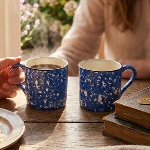 2 - Stangl Ceramic Mugs Sponge Ware Hand Painted Town & Country Blue